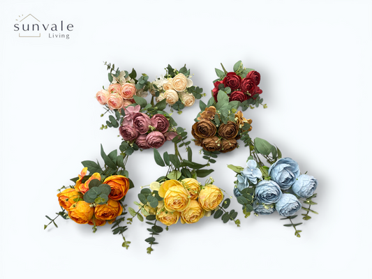 9-Head Antique Weathered Camellia Bush Bouquet