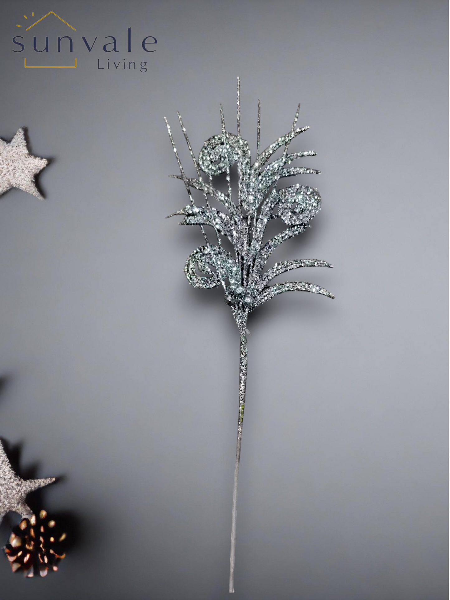 Silver glitter pine leaf artificial holiday decoration spray by Sunvale Living