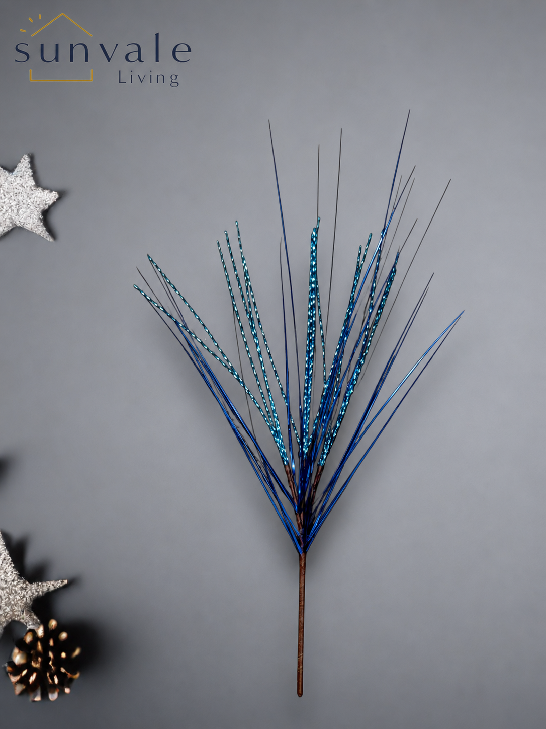 Blue metallic twig fan artificial holiday decoration spray by Sunvale Living