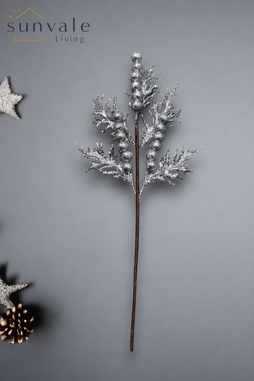 Silver glitter berry leaf artificial holiday decoration spray by Sunvale Living