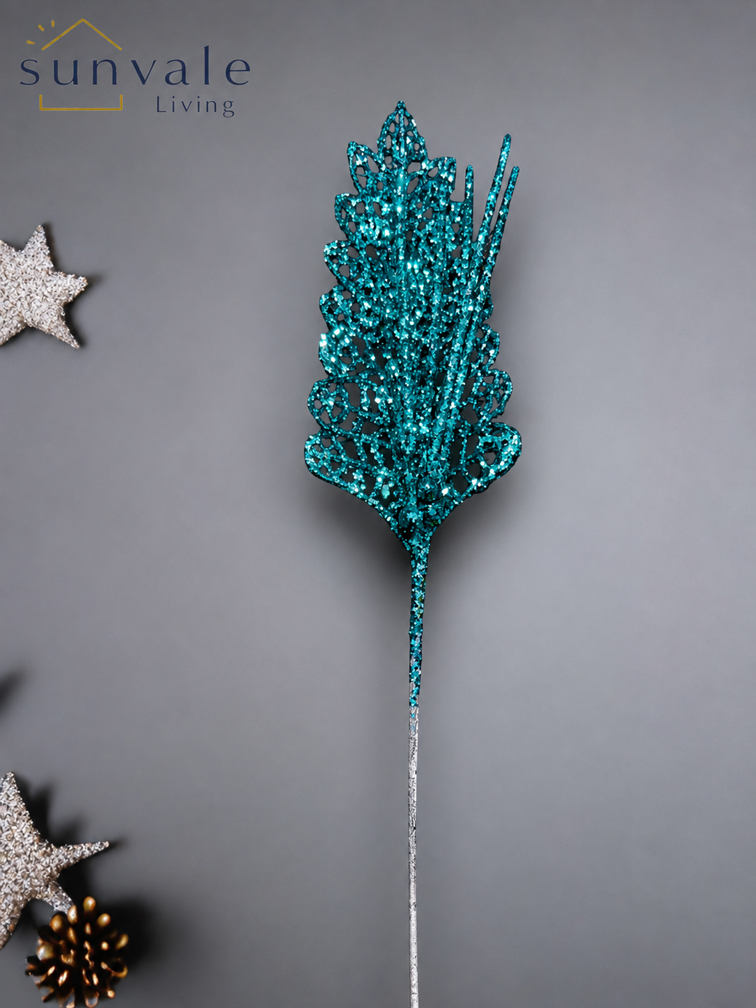 Teal glitter mini leaf artificial holiday decoration spray by Sunvale Living