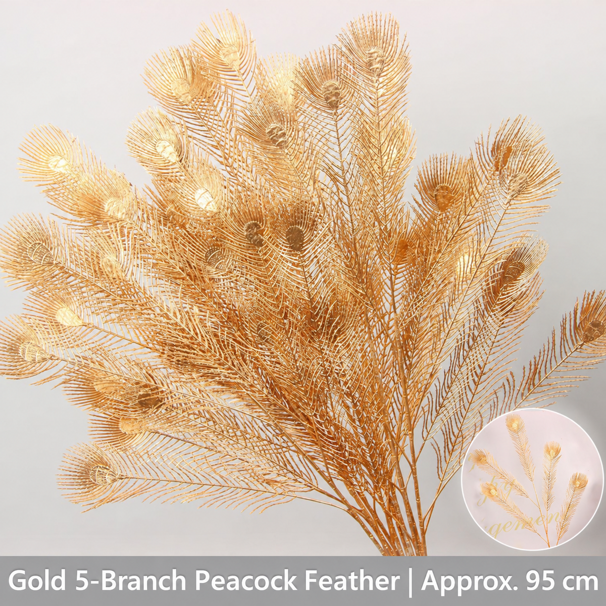 Gold 5-Branch Peacock Feather | Approx. 95 cm artificial holiday floral decoration by Sunvale Living