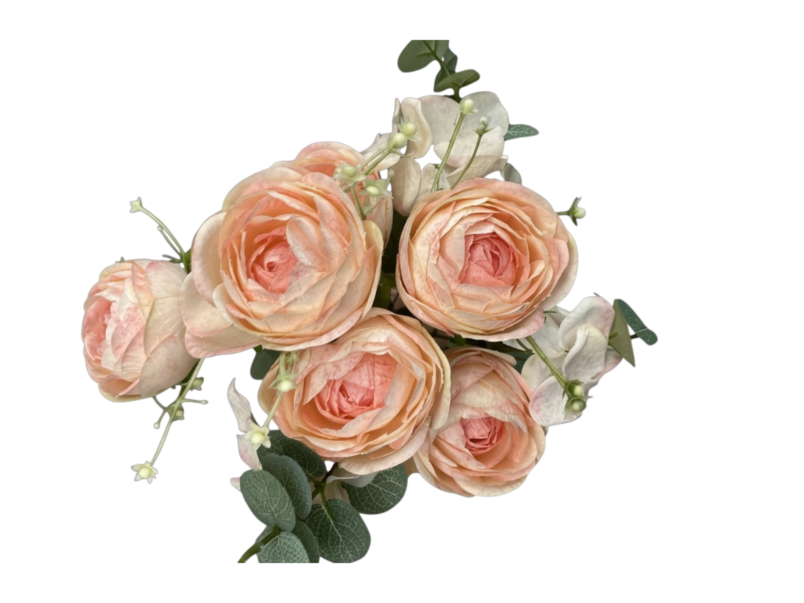 Peach camellia bouquet product reference, showing fabric petals and foliage