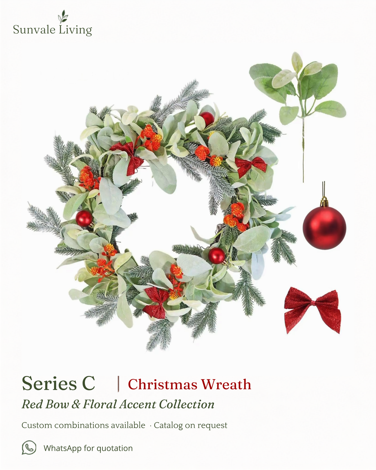 Red Bow & Floral Accent Christmas Wreath Sunvale Living wholesale Christmas wreath brand poster