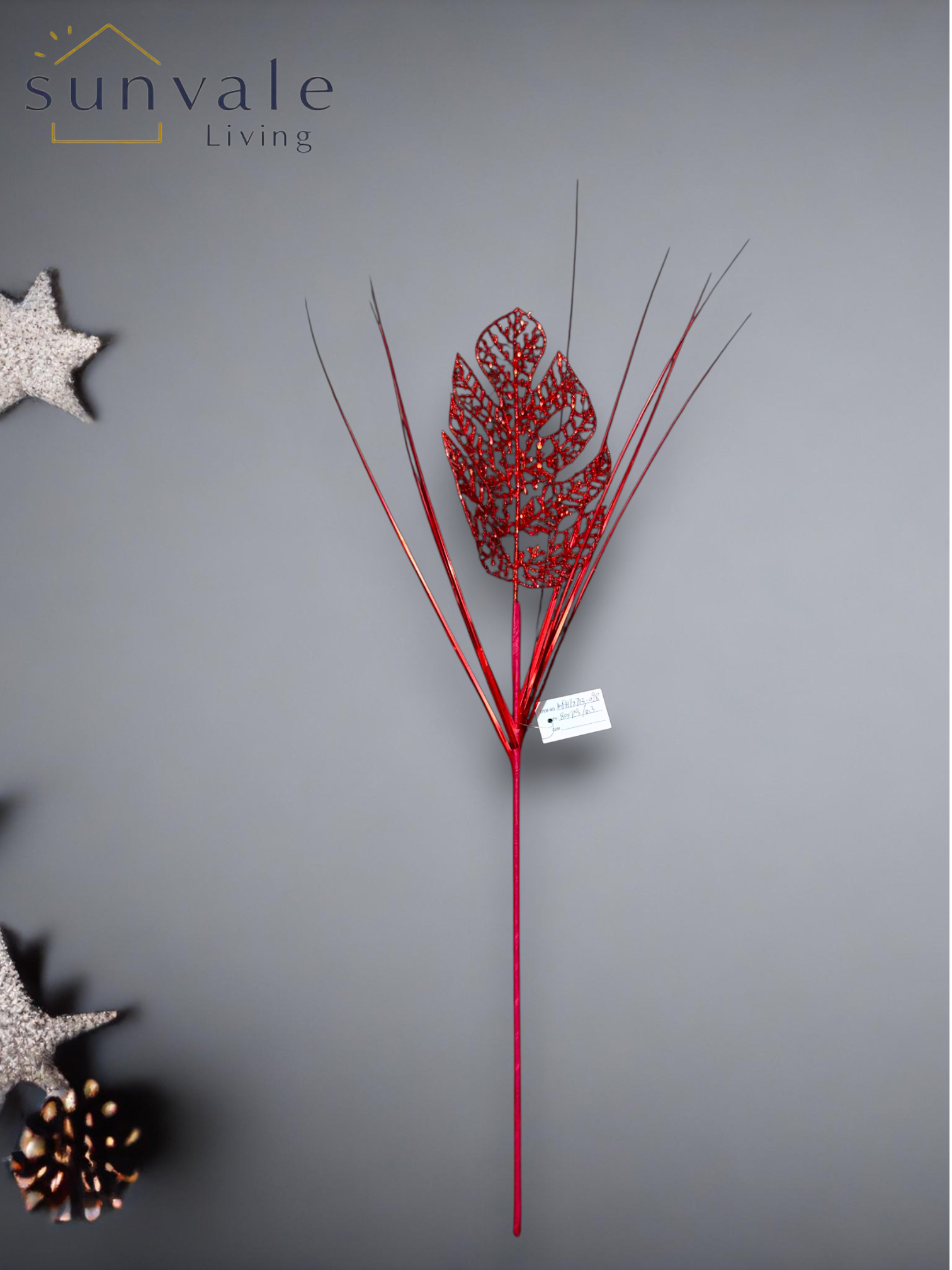 Red glitter skeleton leaf artificial holiday decoration spray by Sunvale Living