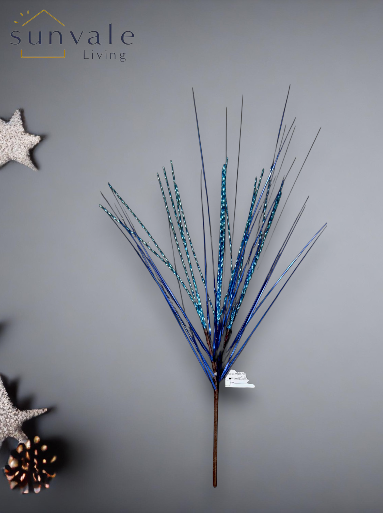 Blue metallic twig fan artificial holiday decoration spray by Sunvale Living