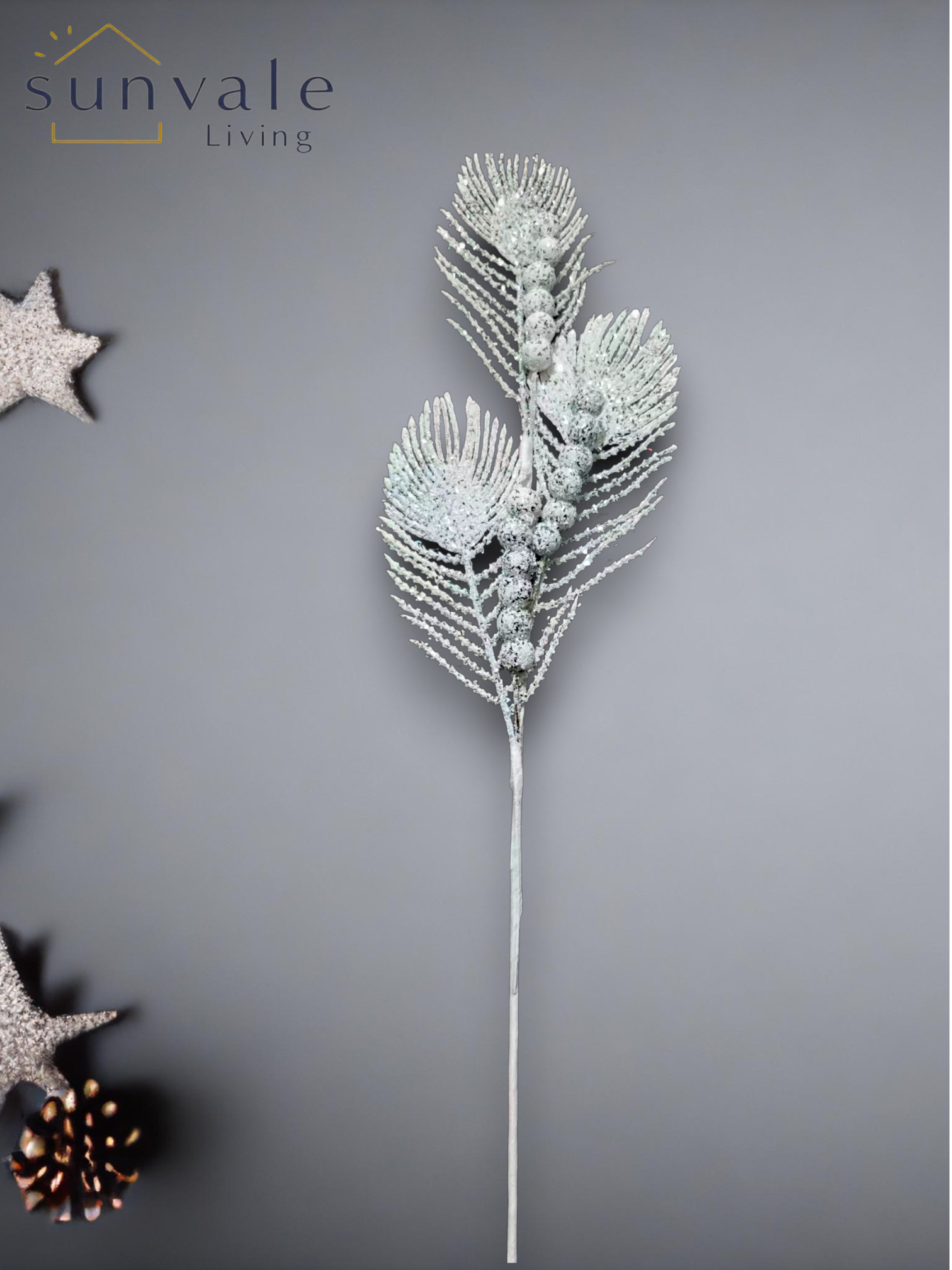White frosted feather leaf artificial holiday decoration spray by Sunvale Living