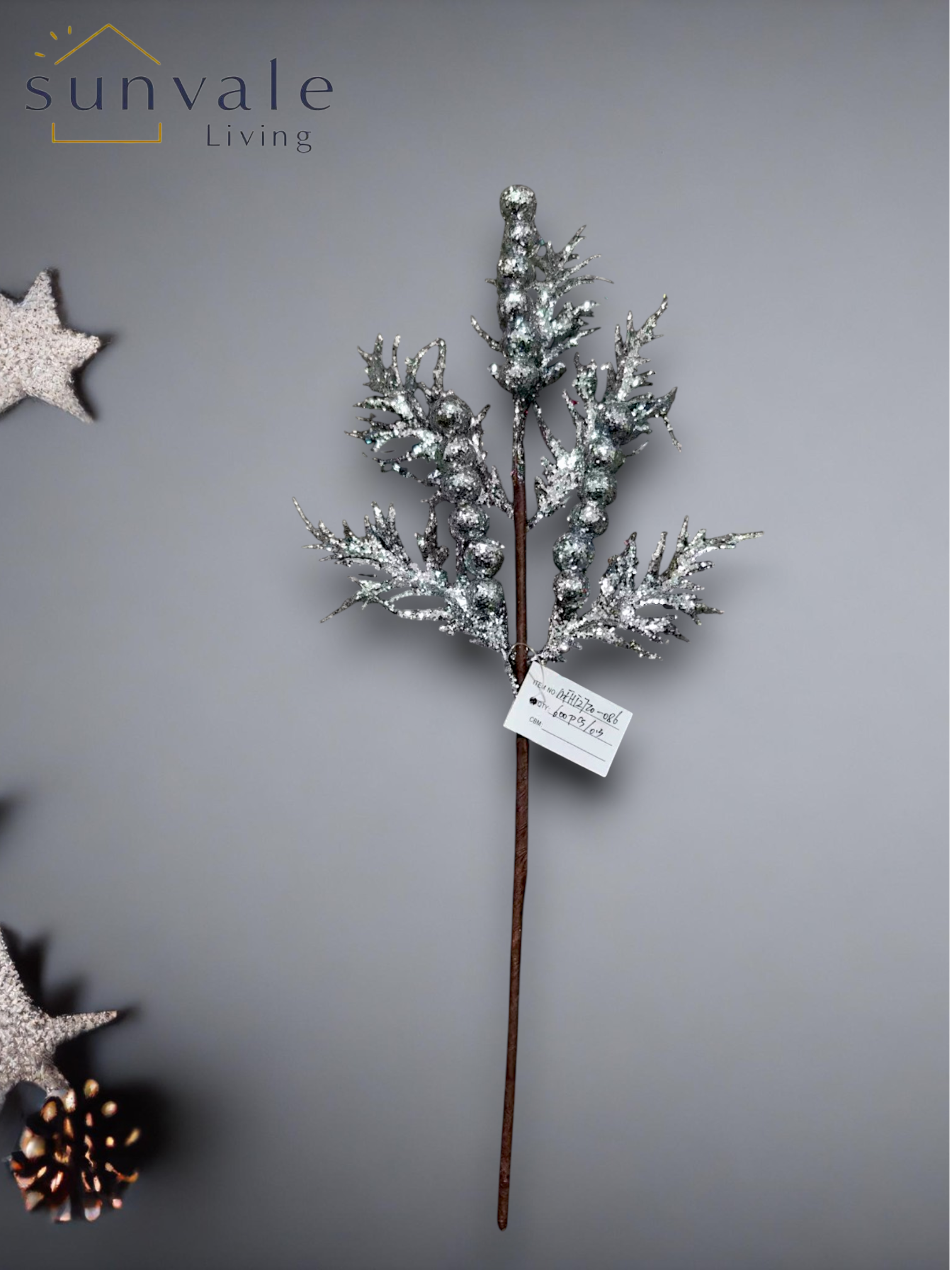 Silver glitter berry leaf artificial holiday decoration spray by Sunvale Living