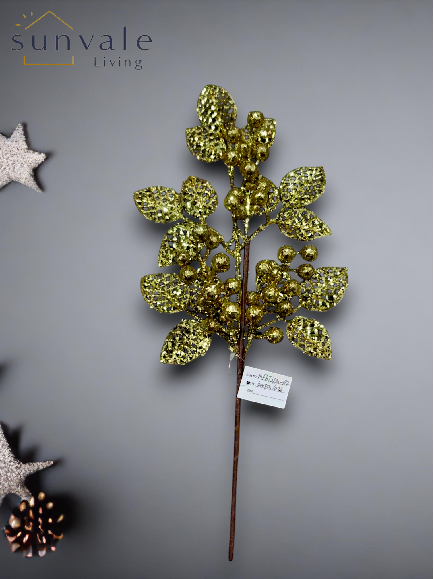 Gold glitter berry leaf artificial holiday decoration spray by Sunvale Living
