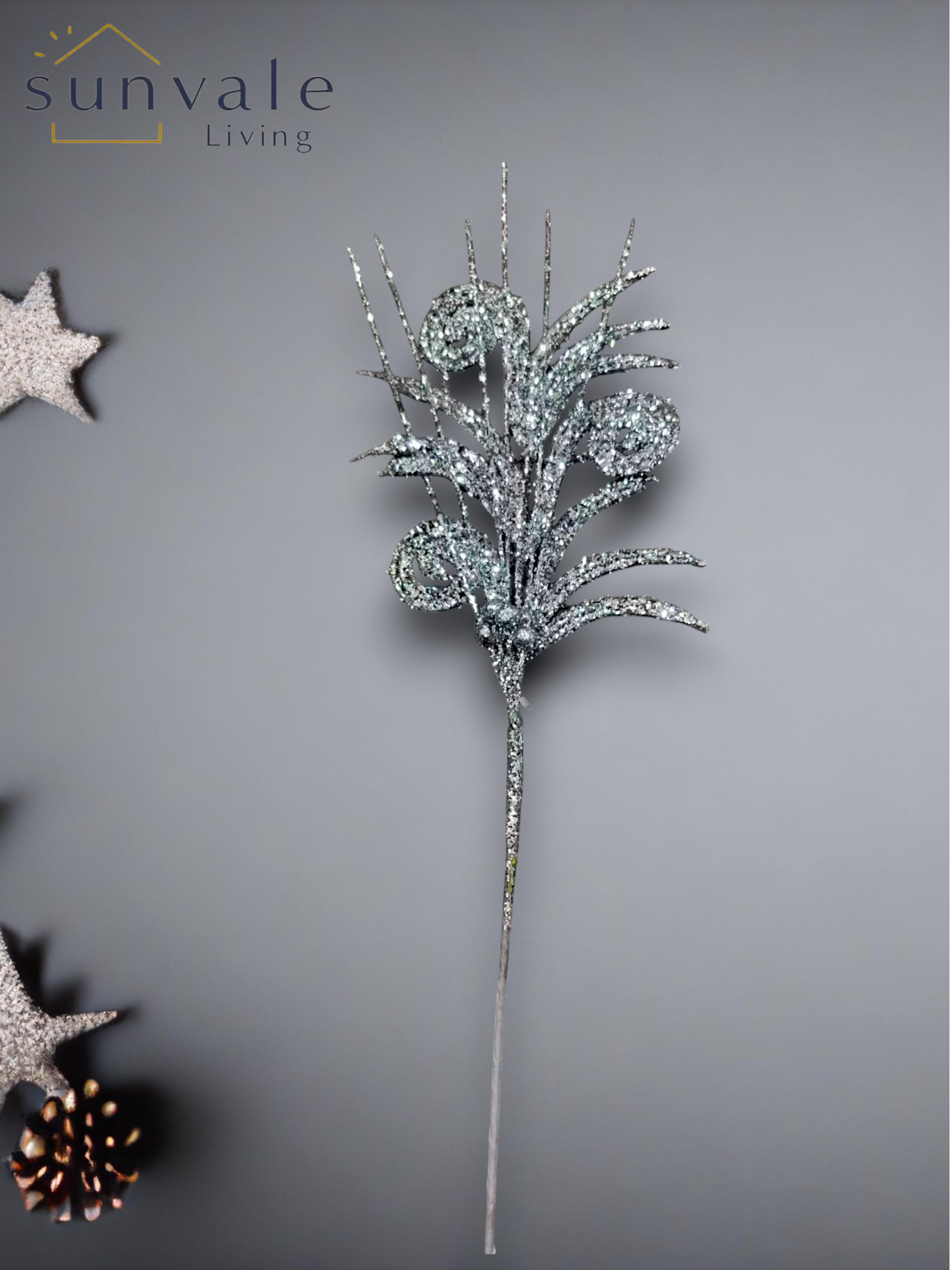 Silver glitter pine leaf artificial holiday decoration spray by Sunvale Living