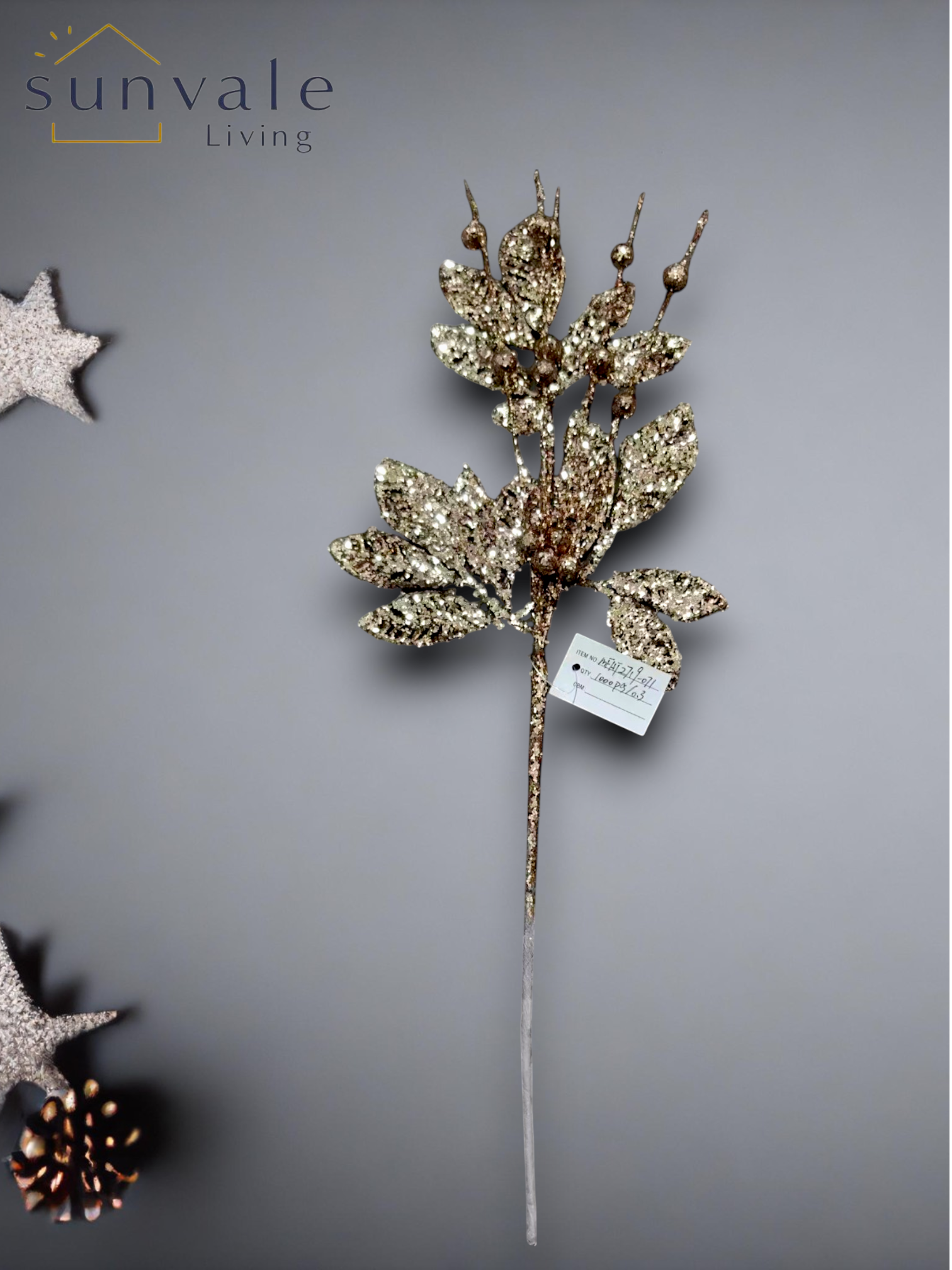 Champagne glitter berry leaf artificial holiday decoration spray by Sunvale Living