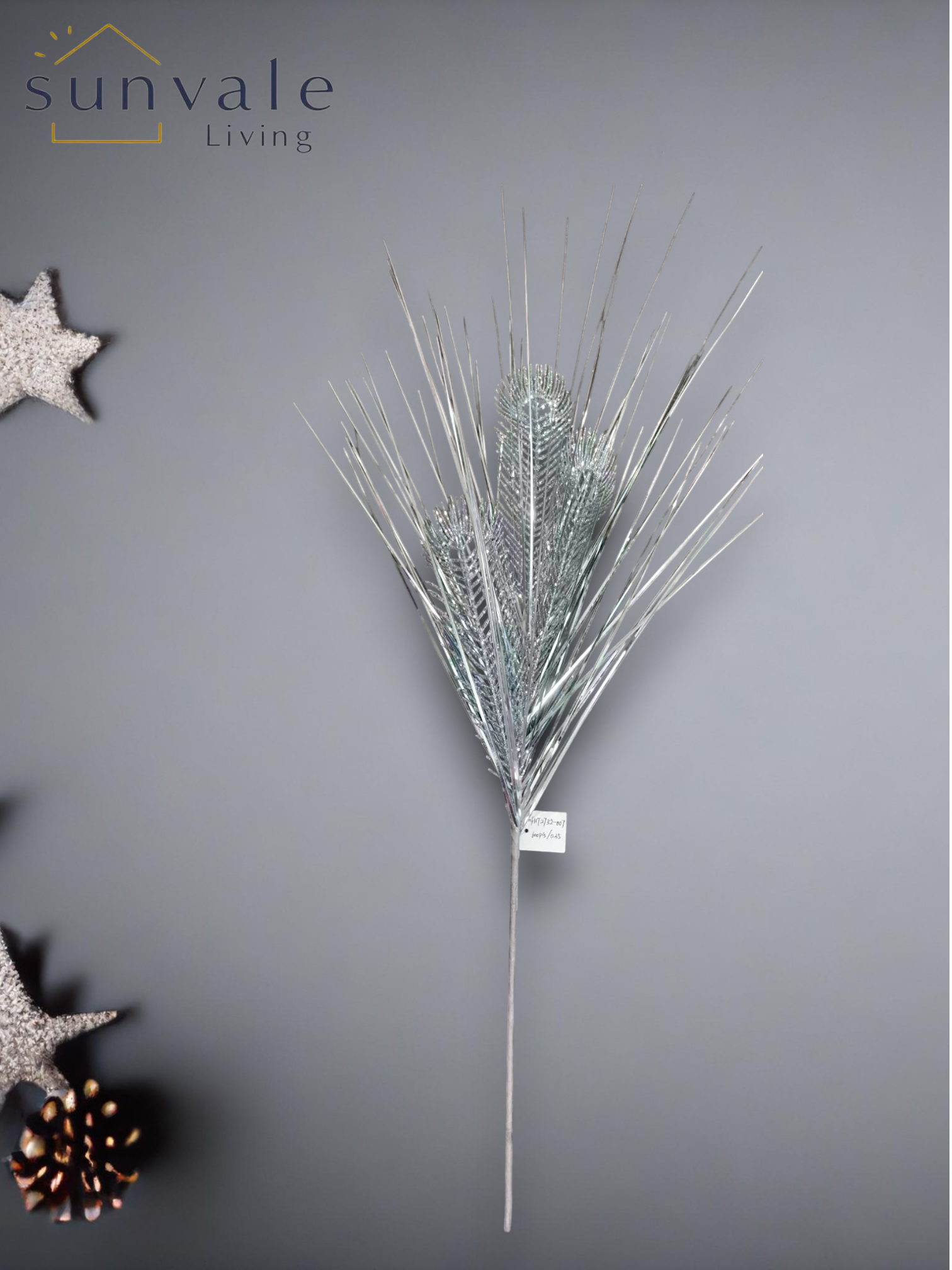 Silver glitter pine needle artificial holiday decoration spray by Sunvale Living