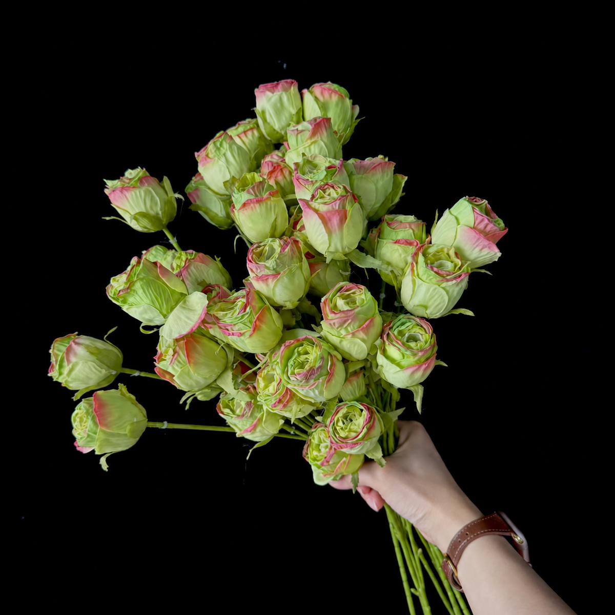 Artificial Spray Rose Bud Stem in Green with Red Edges