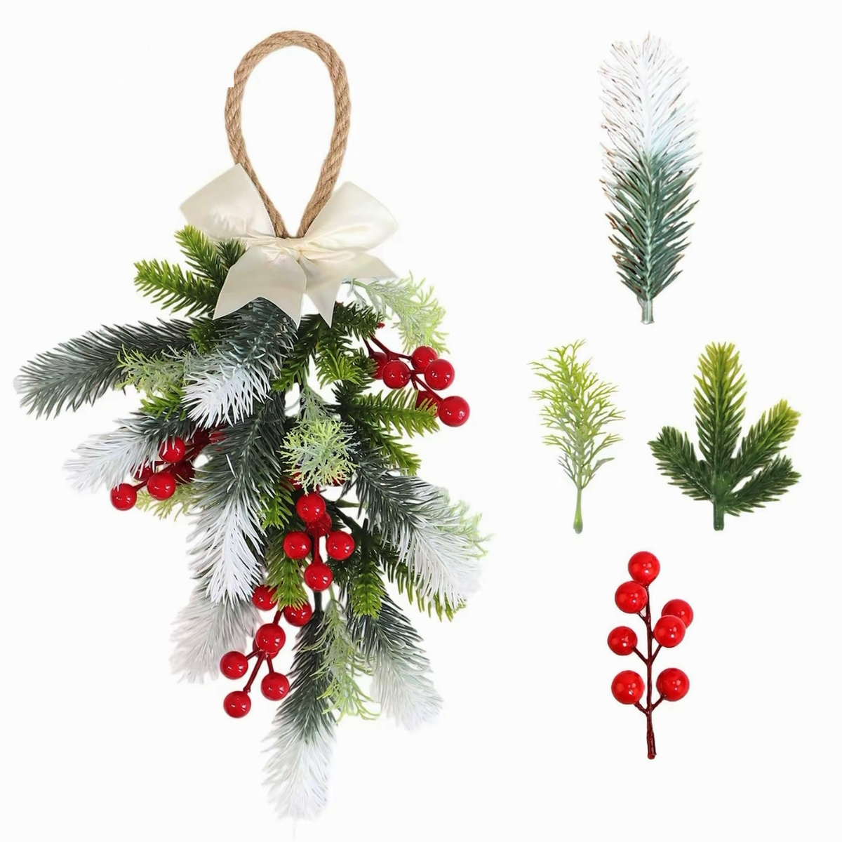 Frosted Pine & Red Berry Christmas Door Swag artificial hanging Christmas decoration on a clean white product background