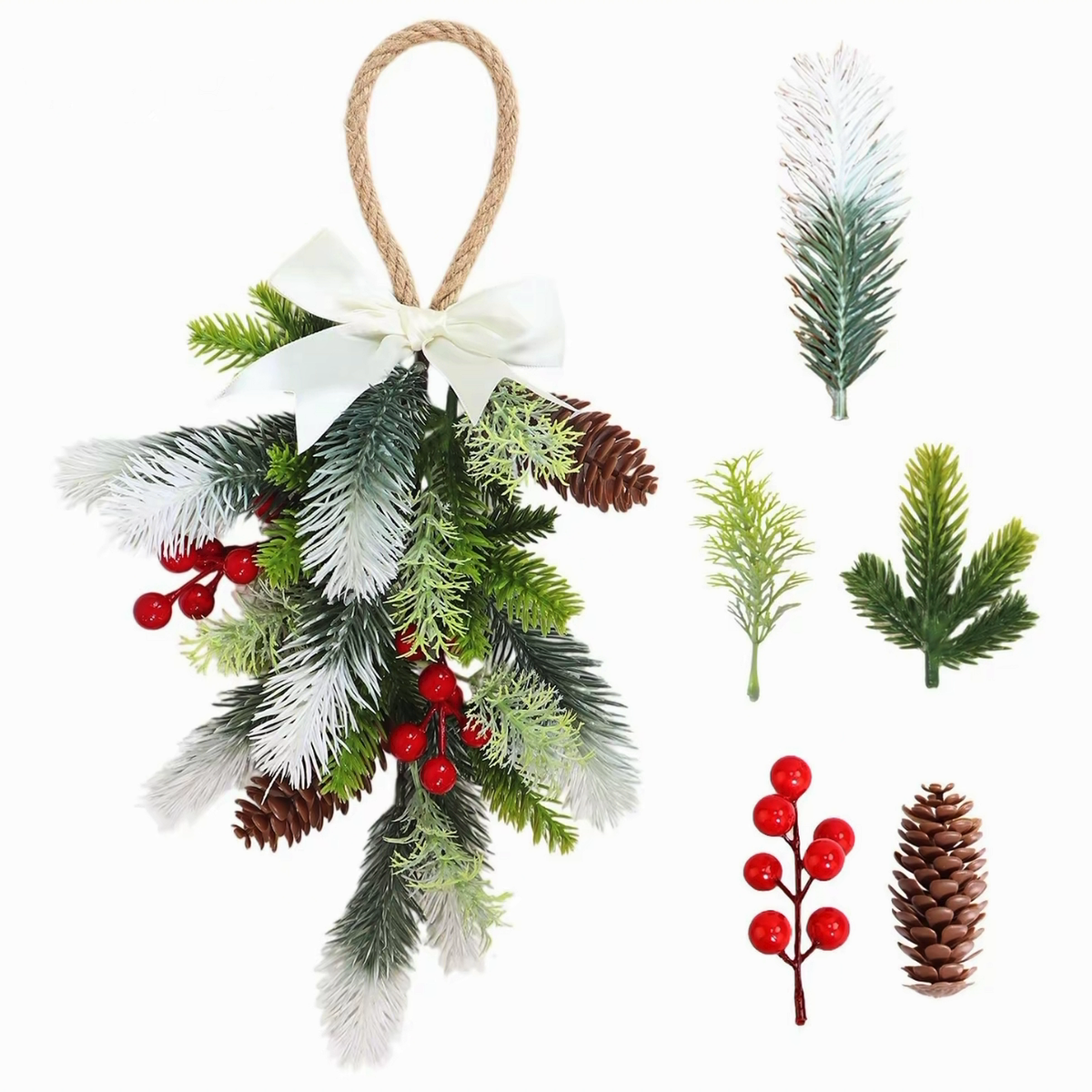 Frosted Pinecone & Berry Christmas Door Swag artificial hanging Christmas decoration on a clean white product background