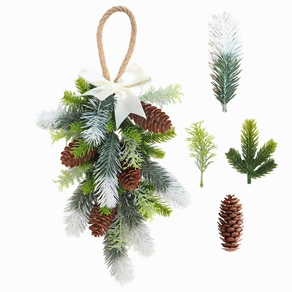 Frosted Pinecone Evergreen Christmas Door Swag artificial hanging Christmas decoration on a clean white product background