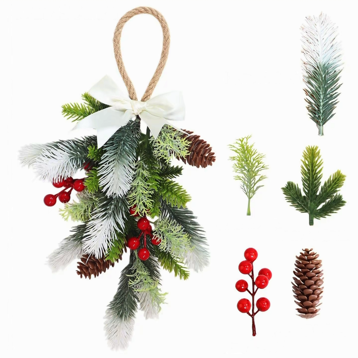 Snow-Tipped Berry & Pinecone Christmas Door Swag artificial hanging Christmas decoration on a clean white product background