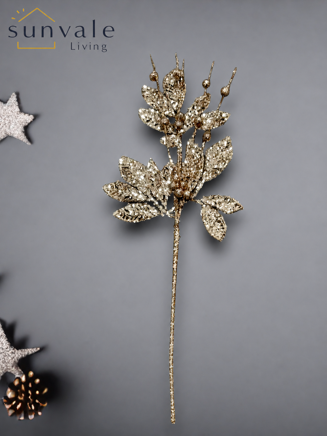 Champagne glitter berry leaf artificial holiday decoration spray by Sunvale Living