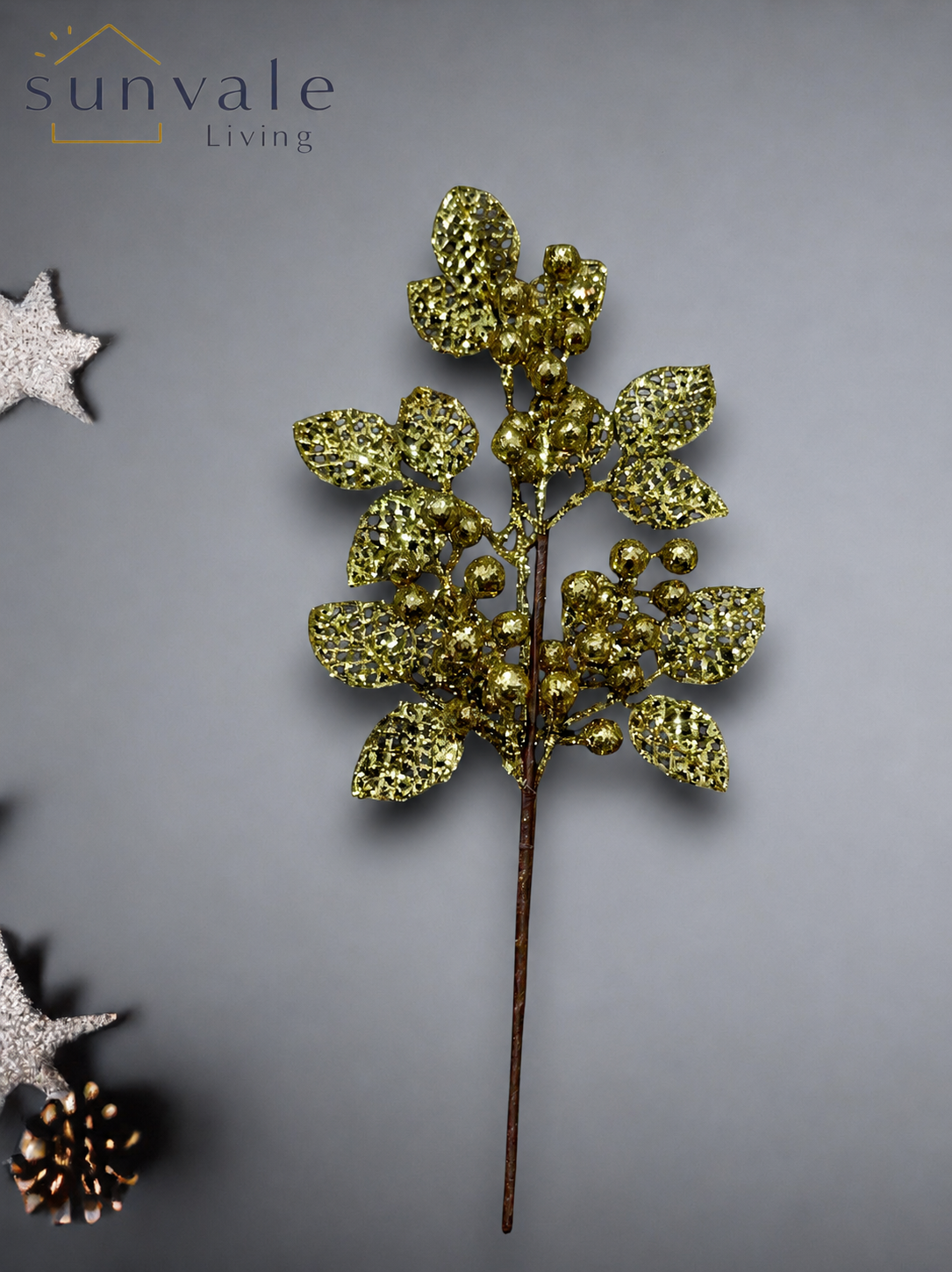 Gold glitter berry leaf artificial holiday decoration spray by Sunvale Living