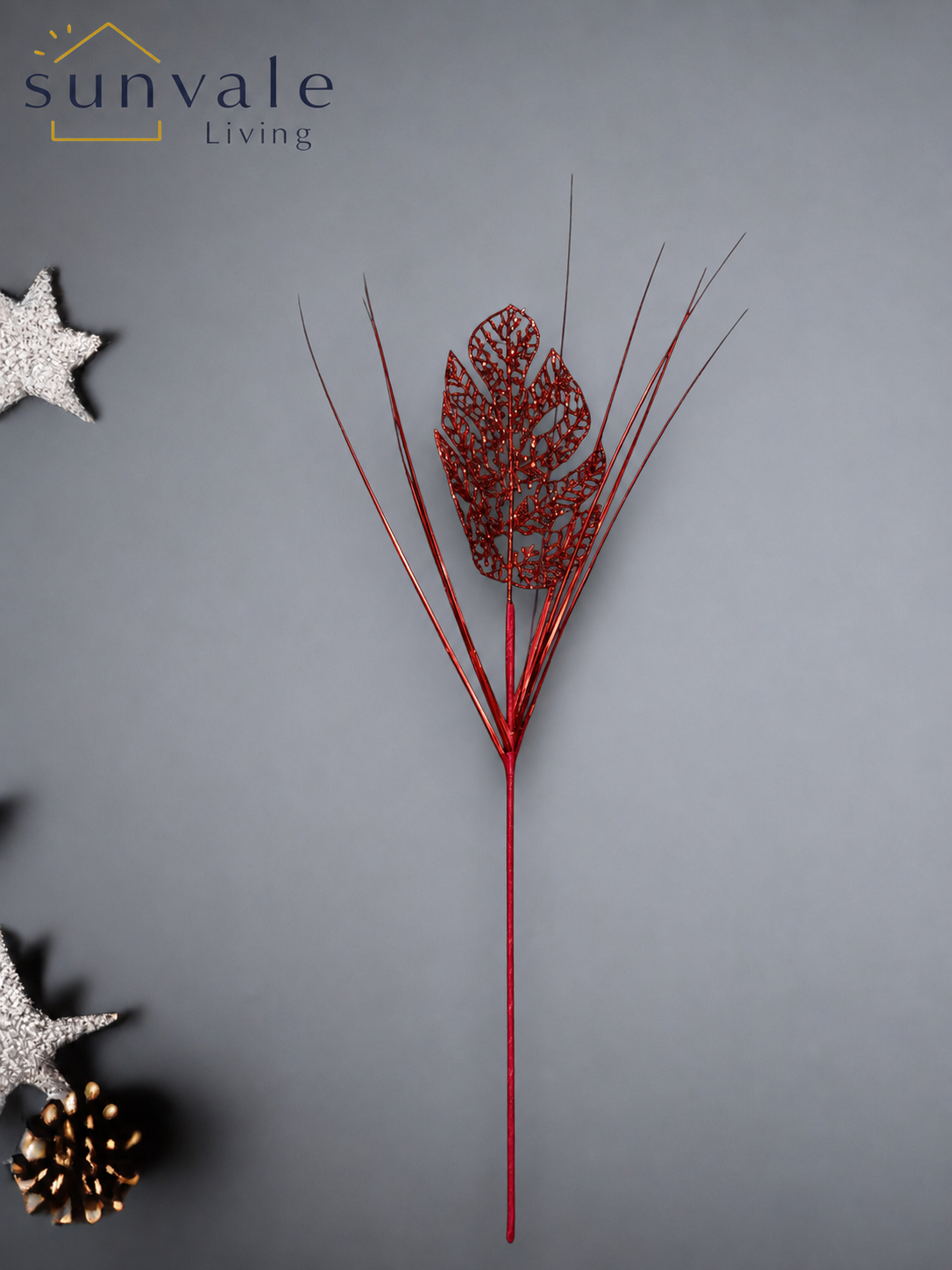 Red glitter skeleton leaf artificial holiday decoration spray by Sunvale Living