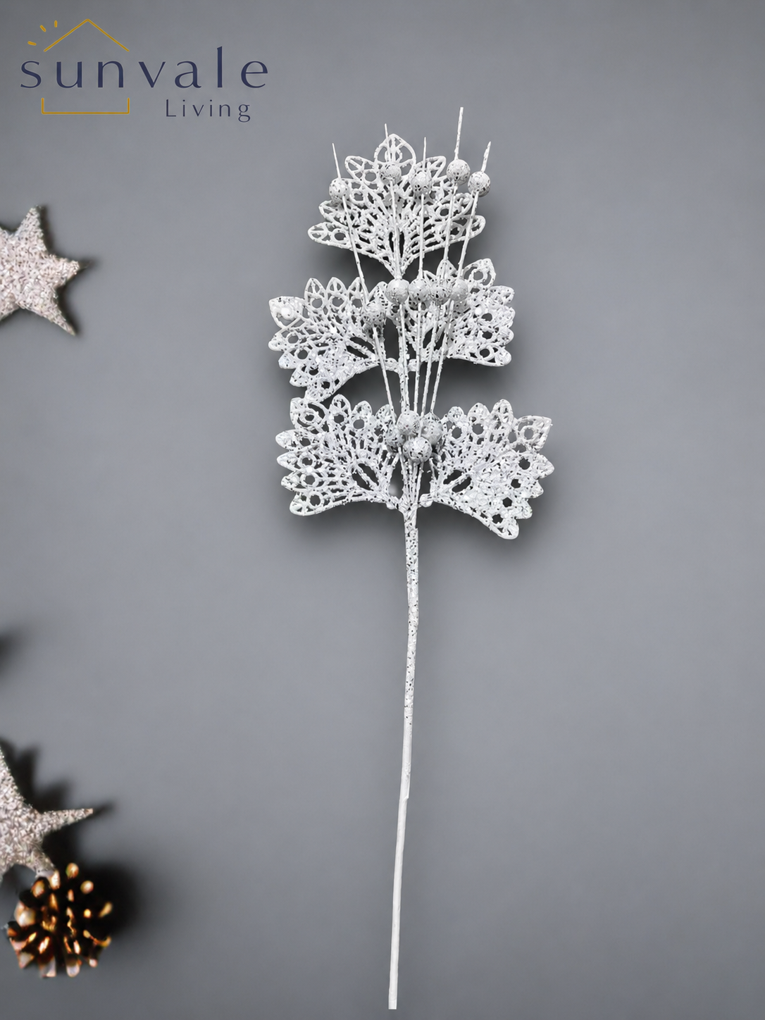 White glitter snowflake branch artificial holiday decoration spray by Sunvale Living