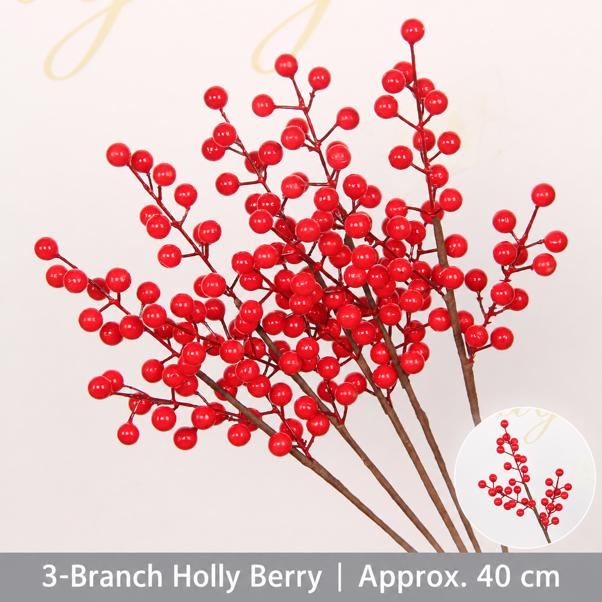 3-Branch Holly Berry | Approx. 40 cm artificial holiday floral decoration by Sunvale Living