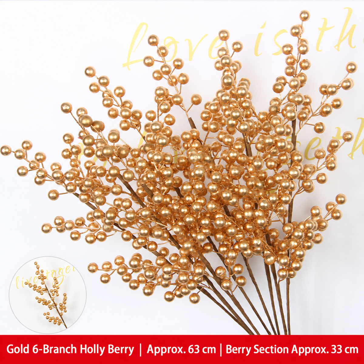 Gold 6-Branch Holly Berry | Approx. 63 cm | Berry Section Approx. 33 cm artificial holiday floral decoration by Sunvale Living