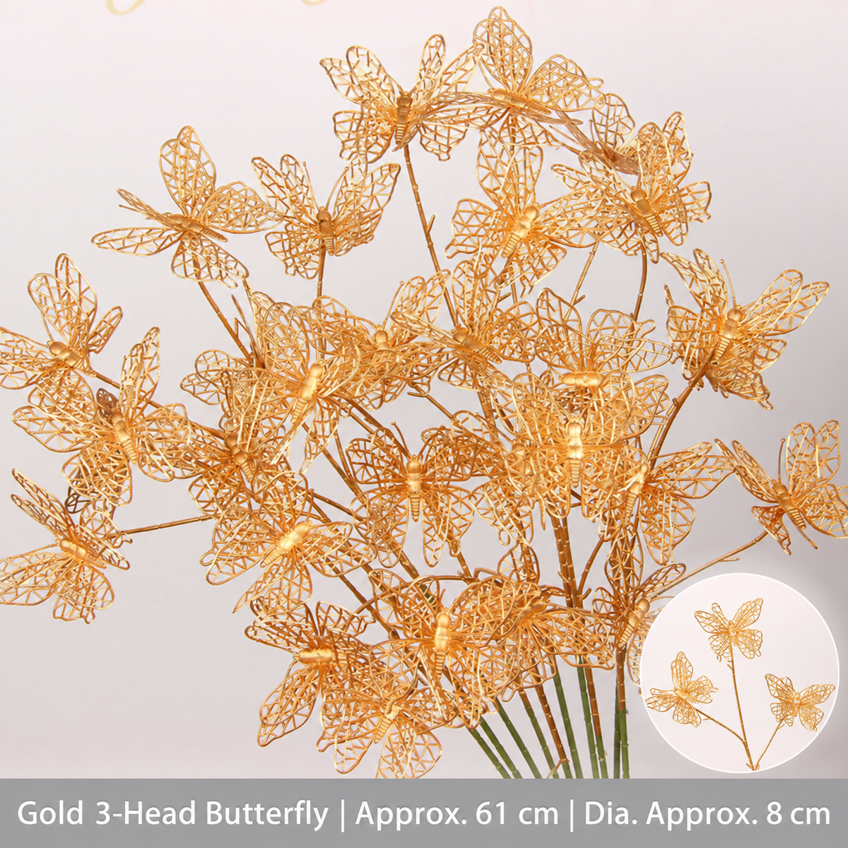 Gold 3-Head Butterfly | Approx. 61 cm | Dia. Approx. 8 cm artificial holiday floral decoration by Sunvale Living