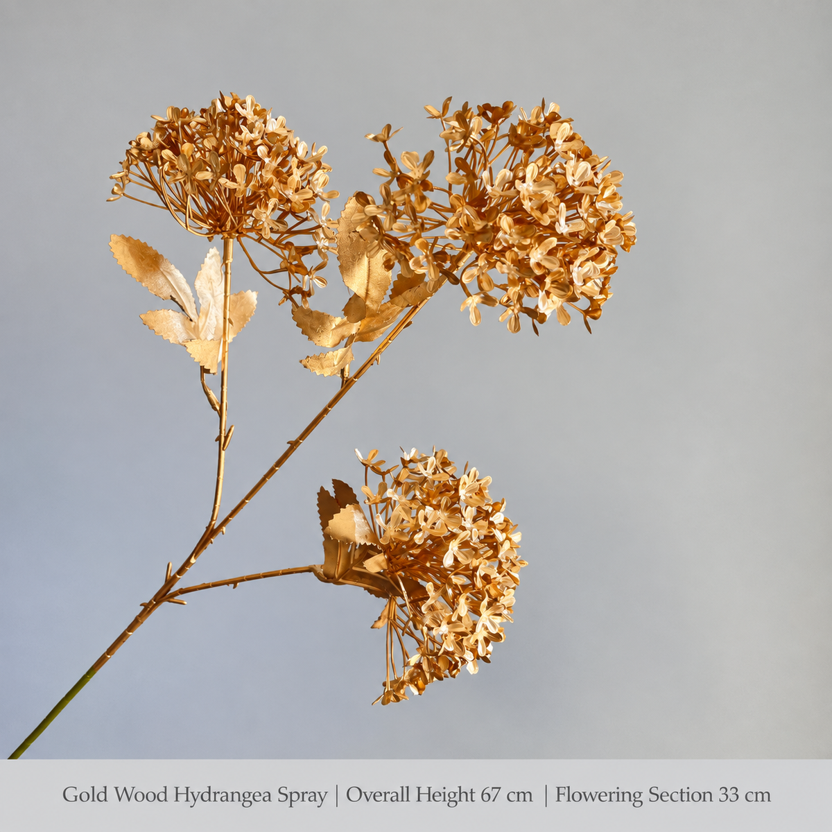 Gold Wood Hydrangea Spray | Overall Height 67 cm | Flowering Section 33 cm artificial holiday floral decoration by Sunvale Living