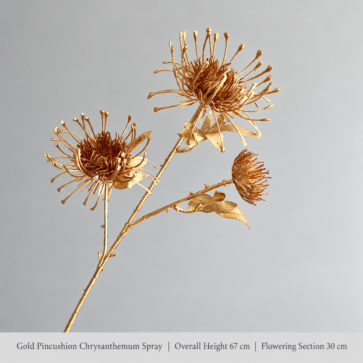 Gold Pincushion Chrysanthemum Spray | Overall Height 67 cm | Flowering Section 30 cm artificial holiday floral decoration by Sunvale Living