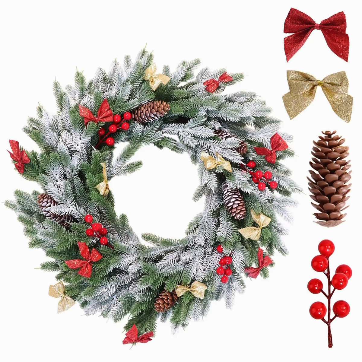Red & Gold Bow Christmas Wreath artificial wreath on a clean white product background