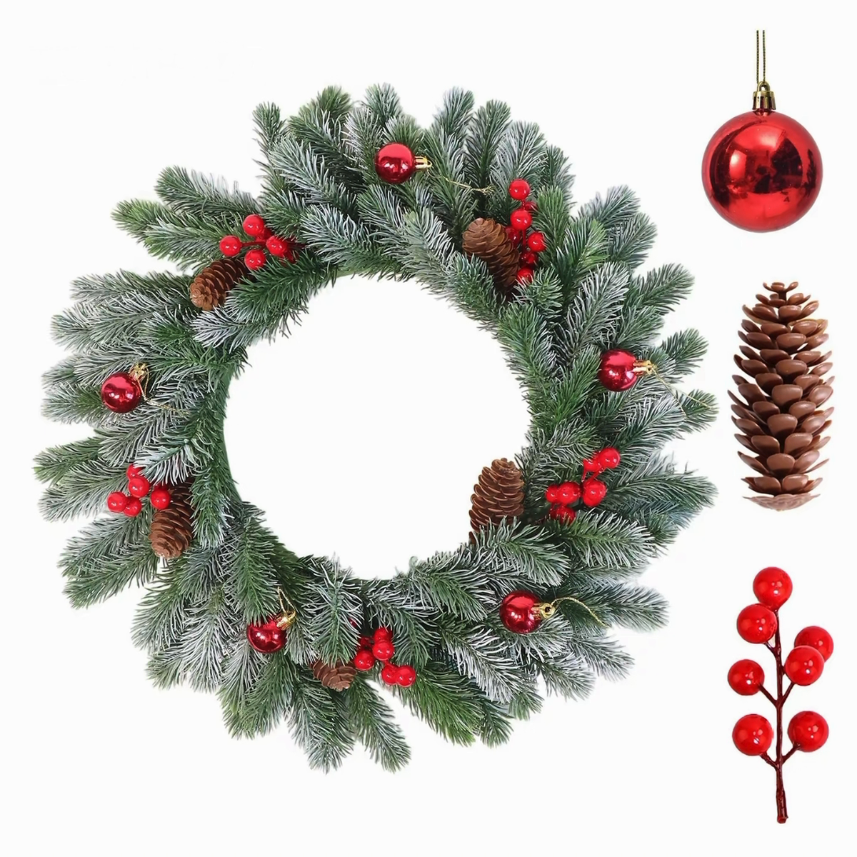 Red Ornament Christmas Wreath artificial wreath on a clean white product background