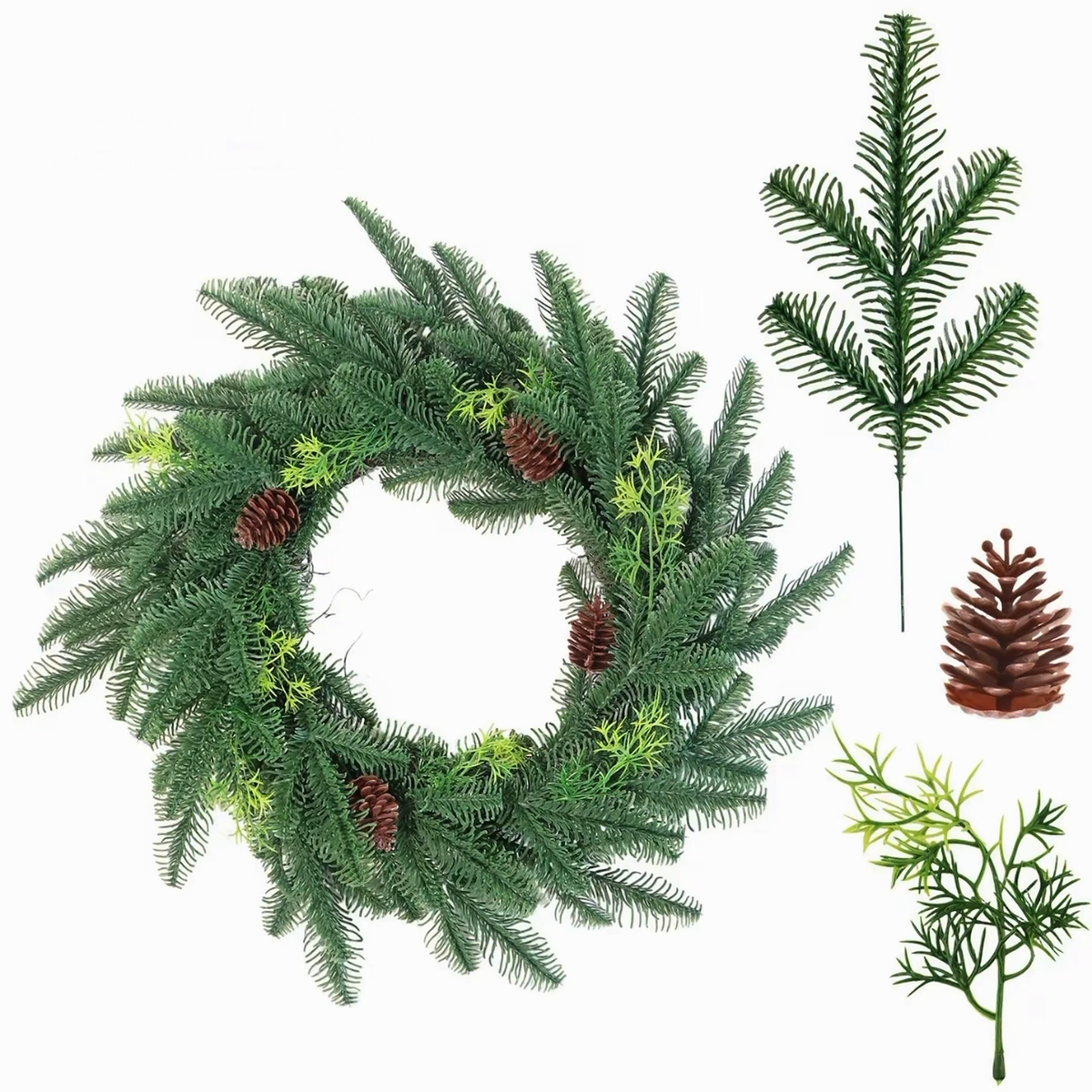 Natural Pinecone Greenery Christmas Wreath artificial wreath on a clean white product background