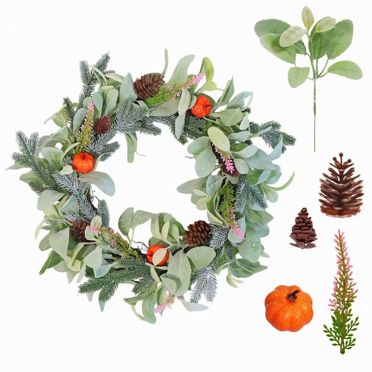 Autumn Pumpkin Accent Christmas Wreath artificial wreath on a clean white product background
