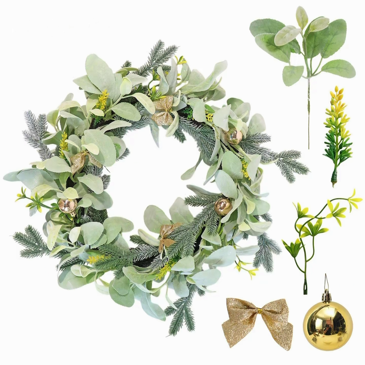 Gold Accent Eucalyptus Christmas Wreath artificial wreath on a clean white product background