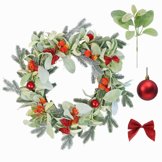 Red Bow & Floral Accent Christmas Wreath artificial wreath on a clean white product background