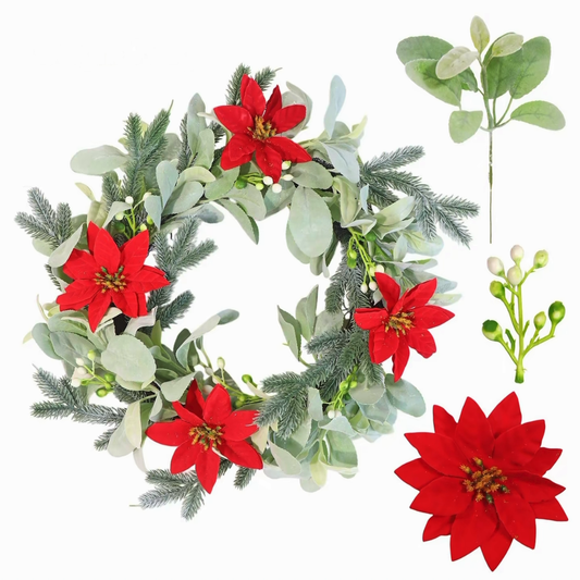 Poinsettia Eucalyptus Christmas Wreath artificial wreath on a clean white product background