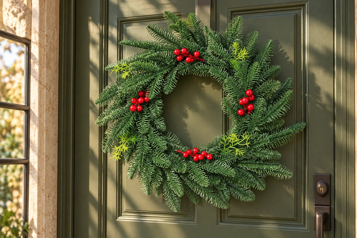 Red berry wreath in a styled door display