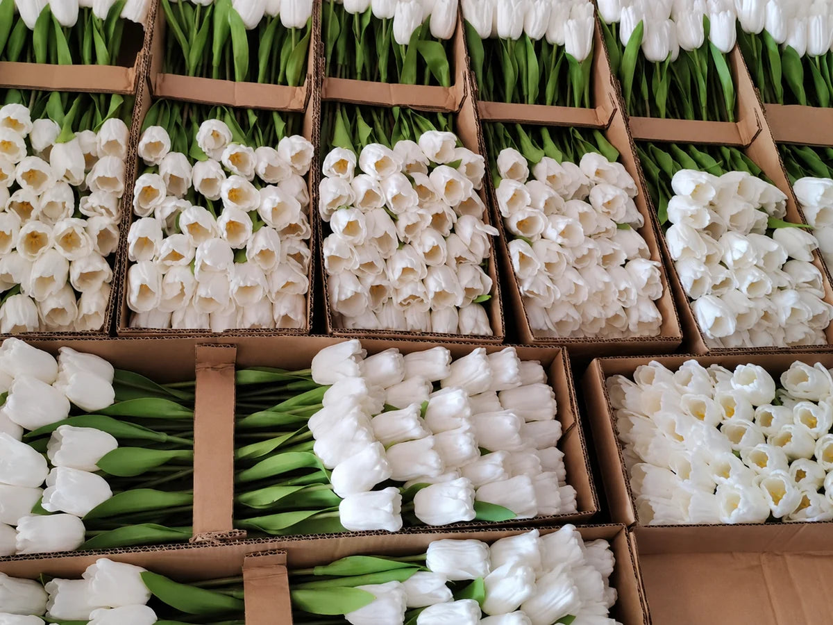 PJTL reference: artificial tulips grouped within divided corrugated cartons